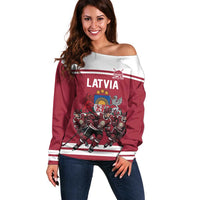 Latvia Hockey Pride Custom Off Shoulder Sweater Baltic Ice Warriors
