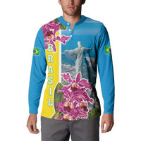 Brazil Cattleya Labiata Button Sweatshirt Christ The Redeemer And Flag Color Style - Wonder Print Shop