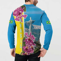 Brazil Cattleya Labiata Button Sweatshirt Christ The Redeemer And Flag Color Style - Wonder Print Shop
