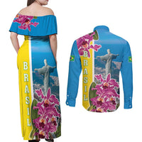 Brazil Cattleya Labiata Couples Matching Off Shoulder Maxi Dress and Long Sleeve Button Shirt Christ The Redeemer And Flag Color Style - Wonder Print Shop