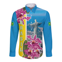 Brazil Cattleya Labiata Long Sleeve Button Shirt Christ The Redeemer And Flag Color Style - Wonder Print Shop