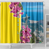 Brazil Cattleya Labiata Shower Curtain Christ The Redeemer And Flag Color Style