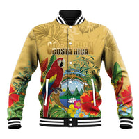 Costa Rica Independence Day Baseball Jacket Scarlet Macaw Parrot Tropical Flowers - Wonder Print Shop