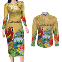 Costa Rica Independence Day Couples Matching Long Sleeve Bodycon Dress and Long Sleeve Button Shirt Scarlet Macaw Parrot Tropical Flowers - Wonder Print Shop