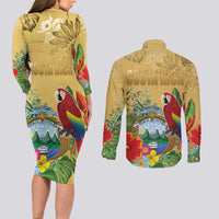 Costa Rica Independence Day Couples Matching Long Sleeve Bodycon Dress and Long Sleeve Button Shirt Scarlet Macaw Parrot Tropical Flowers - Wonder Print Shop