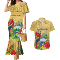 Costa Rica Independence Day Couples Matching Mermaid Dress and Hawaiian Shirt Scarlet Macaw Parrot Tropical Flowers - Wonder Print Shop