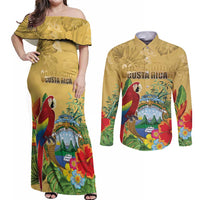 Costa Rica Independence Day Couples Matching Off Shoulder Maxi Dress and Long Sleeve Button Shirt Scarlet Macaw Parrot Tropical Flowers - Wonder Print Shop