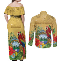 Costa Rica Independence Day Couples Matching Off Shoulder Maxi Dress and Long Sleeve Button Shirt Scarlet Macaw Parrot Tropical Flowers - Wonder Print Shop