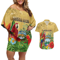 Costa Rica Independence Day Couples Matching Off Shoulder Short Dress and Hawaiian Shirt Scarlet Macaw Parrot Tropical Flowers - Wonder Print Shop