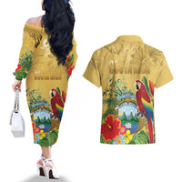 Costa Rica Independence Day Couples Matching Off The Shoulder Long Sleeve Dress and Hawaiian Shirt Scarlet Macaw Parrot Tropical Flowers - Wonder Print Shop
