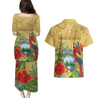 Costa Rica Independence Day Couples Matching Puletasi and Hawaiian Shirt Scarlet Macaw Parrot Tropical Flowers - Wonder Print Shop