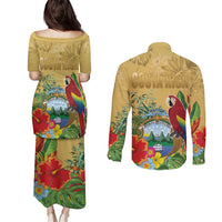 Costa Rica Independence Day Couples Matching Puletasi and Long Sleeve Button Shirt Scarlet Macaw Parrot Tropical Flowers - Wonder Print Shop
