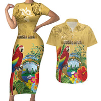 Costa Rica Independence Day Couples Matching Short Sleeve Bodycon Dress and Hawaiian Shirt Scarlet Macaw Parrot Tropical Flowers - Wonder Print Shop