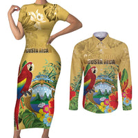 Costa Rica Independence Day Couples Matching Short Sleeve Bodycon Dress and Long Sleeve Button Shirt Scarlet Macaw Parrot Tropical Flowers - Wonder Print Shop