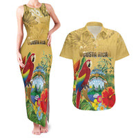 Costa Rica Independence Day Couples Matching Tank Maxi Dress and Hawaiian Shirt Scarlet Macaw Parrot Tropical Flowers - Wonder Print Shop