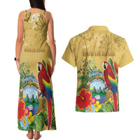 Costa Rica Independence Day Couples Matching Tank Maxi Dress and Hawaiian Shirt Scarlet Macaw Parrot Tropical Flowers - Wonder Print Shop