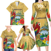 Costa Rica Independence Day Family Matching Long Sleeve Bodycon Dress and Hawaiian Shirt Scarlet Macaw Parrot Tropical Flowers - Wonder Print Shop