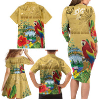 Costa Rica Independence Day Family Matching Long Sleeve Bodycon Dress and Hawaiian Shirt Scarlet Macaw Parrot Tropical Flowers - Wonder Print Shop