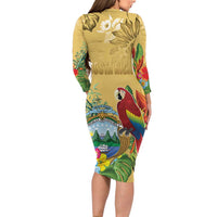 Costa Rica Independence Day Family Matching Long Sleeve Bodycon Dress and Hawaiian Shirt Scarlet Macaw Parrot Tropical Flowers - Wonder Print Shop