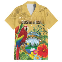 Costa Rica Independence Day Family Matching Off The Shoulder Long Sleeve Dress and Hawaiian Shirt Scarlet Macaw Parrot Tropical Flowers - Wonder Print Shop