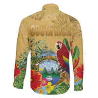 Costa Rica Independence Day Family Matching Off The Shoulder Long Sleeve Dress and Hawaiian Shirt Scarlet Macaw Parrot Tropical Flowers - Wonder Print Shop