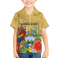 Costa Rica Independence Day Family Matching Off The Shoulder Long Sleeve Dress and Hawaiian Shirt Scarlet Macaw Parrot Tropical Flowers - Wonder Print Shop