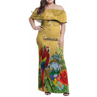 Costa Rica Independence Day Family Matching Off Shoulder Maxi Dress and Hawaiian Shirt Scarlet Macaw Parrot Tropical Flowers - Wonder Print Shop