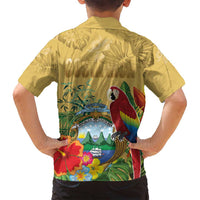 Costa Rica Independence Day Family Matching Off Shoulder Short Dress and Hawaiian Shirt Scarlet Macaw Parrot Tropical Flowers - Wonder Print Shop