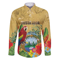 Costa Rica Independence Day Family Matching Off Shoulder Short Dress and Hawaiian Shirt Scarlet Macaw Parrot Tropical Flowers - Wonder Print Shop