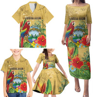Costa Rica Independence Day Family Matching Puletasi and Hawaiian Shirt Scarlet Macaw Parrot Tropical Flowers - Wonder Print Shop