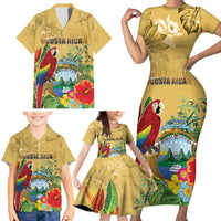Costa Rica Independence Day Family Matching Short Sleeve Bodycon Dress and Hawaiian Shirt Scarlet Macaw Parrot Tropical Flowers - Wonder Print Shop