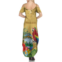 Costa Rica Independence Day Family Matching Summer Maxi Dress and Hawaiian Shirt Scarlet Macaw Parrot Tropical Flowers - Wonder Print Shop