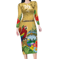 Costa Rica Independence Day Long Sleeve Bodycon Dress Scarlet Macaw Parrot Tropical Flowers - Wonder Print Shop