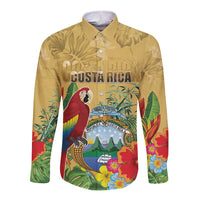 Costa Rica Independence Day Long Sleeve Button Shirt Scarlet Macaw Parrot Tropical Flowers - Wonder Print Shop