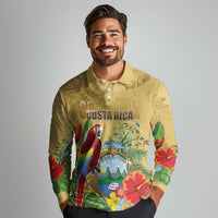 Costa Rica Independence Day Long Sleeve Polo Shirt Scarlet Macaw Parrot Tropical Flowers - Wonder Print Shop