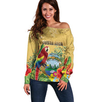 Costa Rica Independence Day Off Shoulder Sweater Scarlet Macaw Parrot Tropical Flowers - Wonder Print Shop