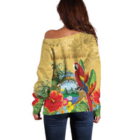 Costa Rica Independence Day Off Shoulder Sweater Scarlet Macaw Parrot Tropical Flowers - Wonder Print Shop