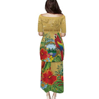 Costa Rica Independence Day Puletasi Scarlet Macaw Parrot Tropical Flowers - Wonder Print Shop