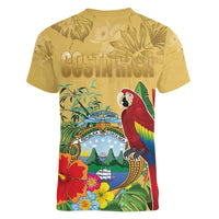 Costa Rica Independence Day Women V-Neck T-Shirt Scarlet Macaw Parrot Tropical Flowers - Wonder Print Shop