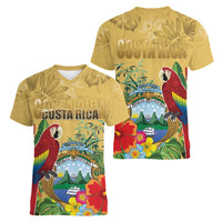 Costa Rica Independence Day Women V-Neck T-Shirt Scarlet Macaw Parrot Tropical Flowers - Wonder Print Shop