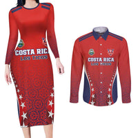 Custom Costa Rica Football Couples Matching Long Sleeve Bodycon Dress and Long Sleeve Button Shirt Los Ticos Sporty Style - Wonder Print Shop