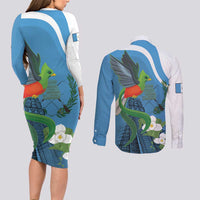 Guatemala Independence Day Couples Matching Long Sleeve Bodycon Dress and Long Sleeve Button Shirt Guatemalan Quetzal Libre Crezca Fecundo - Wonder Print Shop