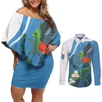 Guatemala Independence Day Couples Matching Off Shoulder Short Dress and Long Sleeve Button Shirt Guatemalan Quetzal Libre Crezca Fecundo - Wonder Print Shop