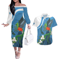 Guatemala Independence Day Couples Matching Off The Shoulder Long Sleeve Dress and Hawaiian Shirt Guatemalan Quetzal Libre Crezca Fecundo - Wonder Print Shop