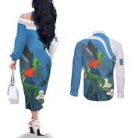 Guatemala Independence Day Couples Matching Off The Shoulder Long Sleeve Dress and Long Sleeve Button Shirt Guatemalan Quetzal Libre Crezca Fecundo - Wonder Print Shop