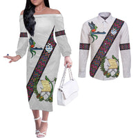 Custom Guatemala Football Couples Matching Off The Shoulder Long Sleeve Dress and Long Sleeve Button Shirt Los Chapines White Version - Wonder Print Shop