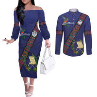 Custom Guatemala Football Couples Matching Off The Shoulder Long Sleeve Dress and Long Sleeve Button Shirt Los Chapines Blue Version - Wonder Print Shop