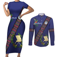 Custom Guatemala Football Couples Matching Short Sleeve Bodycon Dress and Long Sleeve Button Shirt Los Chapines Blue Version - Wonder Print Shop