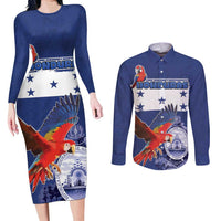 Honduras Independence Day Couples Matching Long Sleeve Bodycon Dress and Long Sleeve Button Shirt Scarlet Macaw Flag Style - Wonder Print Shop