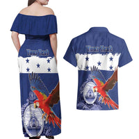 Honduras Independence Day Couples Matching Off Shoulder Maxi Dress and Hawaiian Shirt Scarlet Macaw Flag Style - Wonder Print Shop